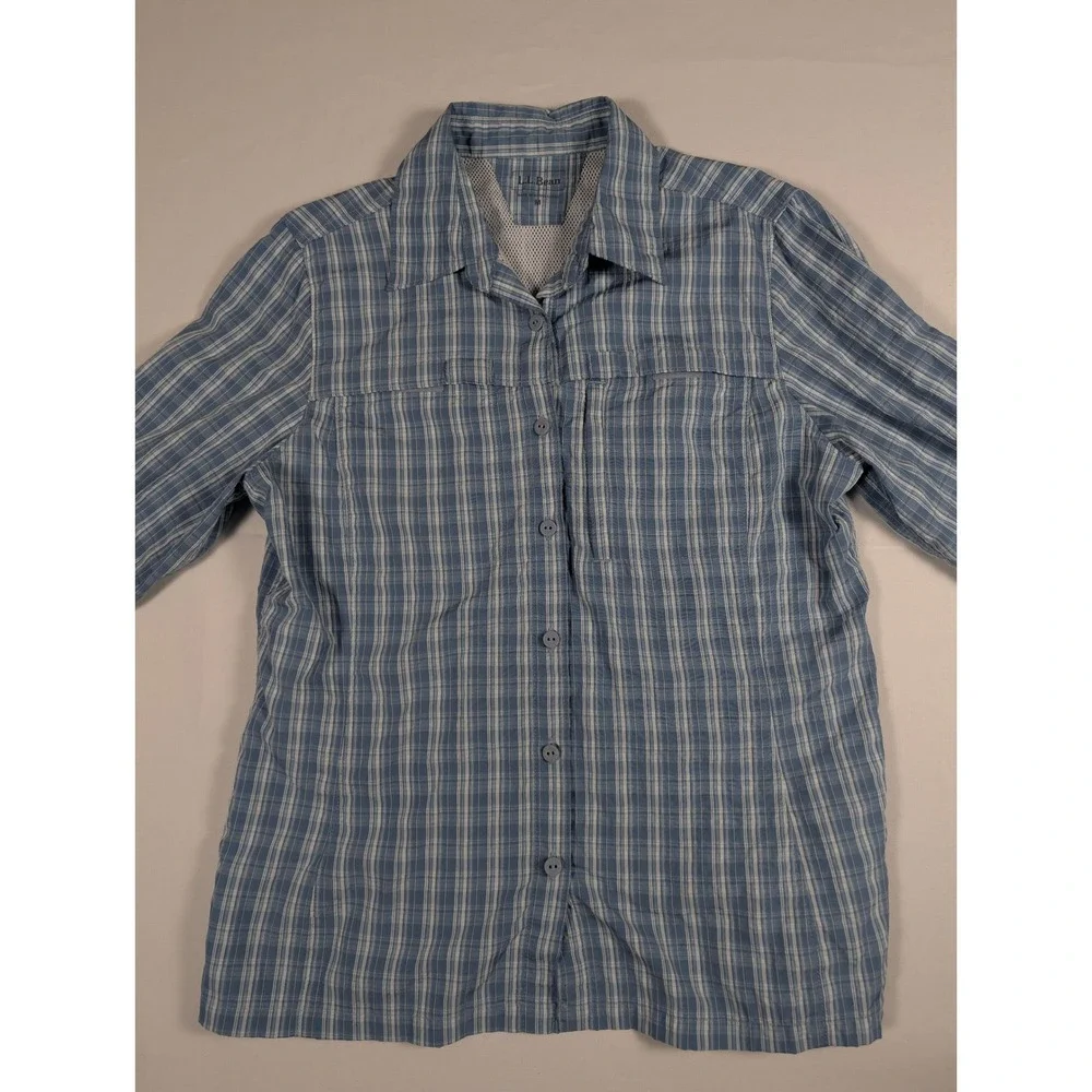 LL Bean Womens Blue Plaid Roll Tab L/S Hiking Shirt Ventilated 254500 Size M - Picture 2 of 8